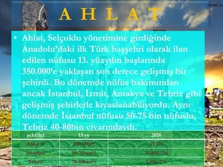 • Ahlat, Selçuklu yönetimine girdiğinde
Anadolu’daki ilk Türk başşehri olarak ilan
edilen nüfusu 13. yüzyılın başlarında
350.000’e yaklaşan son derece gelişmiş bir
şehirdi. Bu dönemde nüfus bakımından
ancak İstanbul, İzmit, Antakya ve Tebriz gibi
gelişmiş şehirlerle kıyaslanabiliyordu. Aynı
dönemde İstanbul nüfusu 50-75 bin nüfuslu,
Tebriz 40-80bin civarındaydı.
şehirler 13.yy 2016
Ahlat?? 350.000?? 39.171
İstanbul 50-75bin?? 14.804.116
Tebriz 70-80bin?? 1.593.776
A H L A T
 