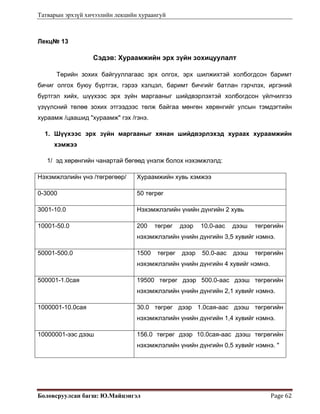 Татварын эрхзүй хичээлийн лекцийн хураангуй
Боловсруулсан багш: Ю.Майцэнгэл  Page 62 
Лекц№ 13
Сэдэв: Хураамжийн эрх зүйн зохицуулалт
Төрийн зохих байгууллагаас эрх олгох, эрх шилжихтэй холбогдсон баримт
бичиг олгох буюу бүртгэх, гэрээ хэлцэл, баримт бичгийг батлан гэрчлэх, иргэний
бүртгэл хийх, шүүхээс эрх зүйн маргааныг шийдвэрлэхтэй холбогдсон үйлчилгээ
үзүүлсний төлөө зохих этгээдээс төлж байгаа мөнгөн хөрөнгийг улсын тэмдэгтийн
хураамж /цаашид "хураамж" гэх /гэнэ.
1. Шүүхээс эрх зүйн маргааныг хянан шийдвэрлэхэд хураах хураамжийн
хэмжээ
1/ эд хөрөнгийн чанартай бөгөөд үнэлж болох нэхэмжлэлд:
Нэхэмжлэлийн үнэ /төгрөгөөр/ Хураамжийн хувь хэмжээ
0-3000 50 төгрөг
3001-10.0 Нэхэмжлэлийн үнийн дүнгийн 2 хувь
10001-50.0 200 төгрөг дээр 10.0-аас дээш төгрөгийн
нэхэмжлэлийн үнийн дүнгийн 3,5 хувийг нэмнэ.
50001-500.0 1500 төгрөг дээр 50.0-аас дээш төгрөгийн
нэхэмжлэлийн үнийн дүнгийн 4 хувийг нэмнэ.
500001-1.0сая 19500 төгрөг дээр 500.0-аас дээш төгрөгийн
нэхэмжлэлийн үнийн дүнгийн 2,1 хувийг нэмнэ.
1000001-10.0сая 30.0 төгрөг дээр 1.0сая-аас дээш төгрөгийн
нэхэмжлэлийн үнийн дүнгийн 1,4 хувийг нэмнэ.
10000001-ээс дээш 156.0 төгрөг дээр 10.0сая-аас дээш төгрөгийн
нэхэмжлэлийн үнийн дүнгийн 0,5 хувийг нэмнэ. "
 