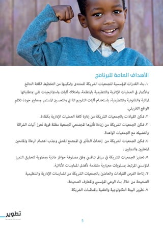 5
‫للربنامج‬ ‫العامة‬ ‫األهداف‬
11.‫النتائج‬ ‫لكافة‬ ‫التخطيط‬ ‫من‬ ‫ومتكينها‬ ‫للمنتدى‬ ‫الرشيكة‬ ‫للجمعيات‬ ‫املؤسسية‬ ‫ات‬‫ر‬‫القد‬ ‫بناء‬
‫مبتطلباتها‬ ‫تفي‬ ‫اتيجيات‬‫رت‬‫واس‬ ‫آليات‬ ‫وامتالك‬ ،‫باملنظمة‬ ‫والتنظيمية‬ ‫اإلدارية‬ ‫العمليات‬ ‫يف‬ ‫واألدوار‬
‫تالئم‬ ‫جودة‬ ‫ومعايري‬ ‫املستمر‬ ‫والتحسني‬ ‫الذايت‬ ‫التقويم‬ ‫آليات‬ ‫باستخدام‬ ،‫والتنظيمية‬ ‫والقانونية‬ ‫املالية‬
.‫االفريقي‬ ‫الواقع‬
22..‫بكفاءة‬ ‫اإلدارية‬ ‫العمليات‬ ‫كافة‬ ‫إدارة‬ ‫من‬ ‫الرشيكة‬ ‫بالجمعيات‬ ‫القيادات‬ ‫متكني‬
33.‫اكة‬‫رش‬‫ال‬ ‫آليات‬ ‫تعزز‬ ‫قوية‬ ‫مظلة‬ ‫كجمعية‬ ‫املجتمعي‬ ‫تأثريها‬ ‫زيادة‬ ‫من‬ ‫الرشيكة‬ ‫الجمعيات‬ ‫متكني‬
.‫الواعدة‬ ‫الجمعيات‬ ‫مع‬ ‫والتشبيك‬
44.‫واملانحني‬ ‫الرعاة‬ ‫اهتامم‬ ‫وجذب‬ ‫املحيل‬ ‫املجتمع‬ ‫يف‬ ‫الـتأثري‬ ‫إحداث‬ ‫من‬ ‫الرشيكة‬ ‫الجمعيات‬ ‫متكني‬
. ‫والدوليني‬ ‫املحليني‬
55.‫التميز‬ ‫لتحقيق‬ ‫ومعنوية‬ ‫مادية‬ ‫حوافز‬ ‫مصفوفة‬ ‫وفق‬ ‫تنافيس‬ ‫سياق‬ ‫يف‬ ‫الرشيكة‬ ‫الجمعيات‬ ‫تحفيز‬
.‫األدائية‬ ‫املامرسات‬ ‫ألفضل‬ ‫متقدمة‬ ‫معيارية‬ ‫مبستويات‬ ‫املرتبط‬ ‫املؤسيس‬
66.‫والتنظيمية‬ ‫اإلدارية‬ ‫املامرسات‬ ‫من‬ ‫الرشيكة‬ ‫بالجمعيات‬ ‫والعاملني‬ ‫للقيادات‬ ‫الفرص‬ ‫إتاحة‬
.‫الصحيحة‬ ‫واملعارف‬ ‫املؤسيس‬ ‫الوعي‬ ‫بناء‬ ‫خالل‬ ‫من‬ ‫الصحيحة‬
77..‫الرشيكة‬ ‫باملنظامت‬ ‫والتقنية‬ ‫التكنولوجية‬ ‫البيئة‬ ‫تطوير‬
5
 