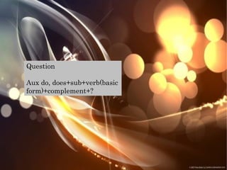 Question Aux do, does+sub+verb(basic form)+complement+?