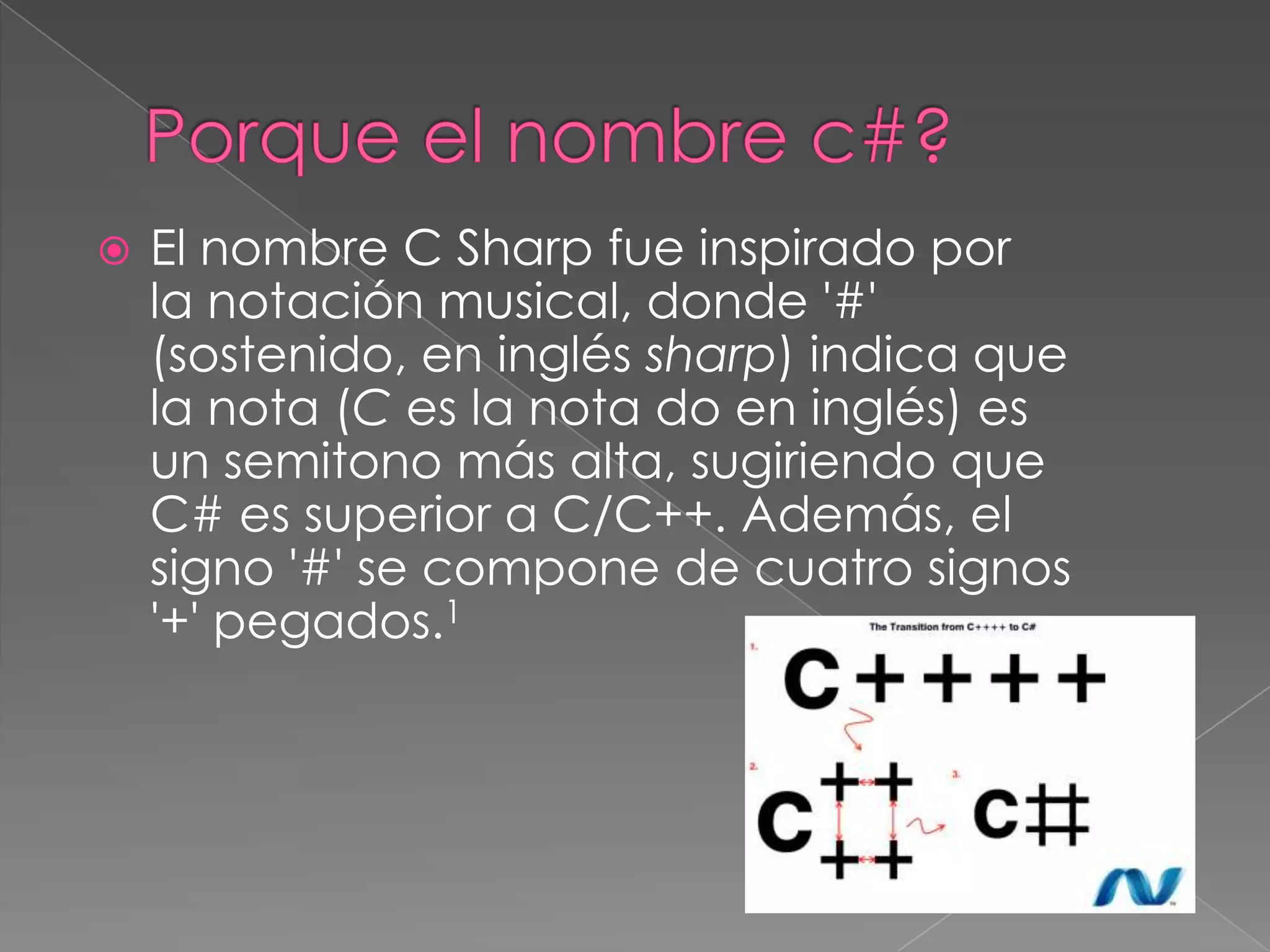 

El nombre C Sharp fue inspirado por
la notación musical, donde '#'
(sostenido, en inglés sharp) indica que
la nota (C es la nota do en inglés) es
un semitono más alta, sugiriendo que
C# es superior a C/C++. Además, el
signo '#' se compone de cuatro signos
'+' pegados.1

 