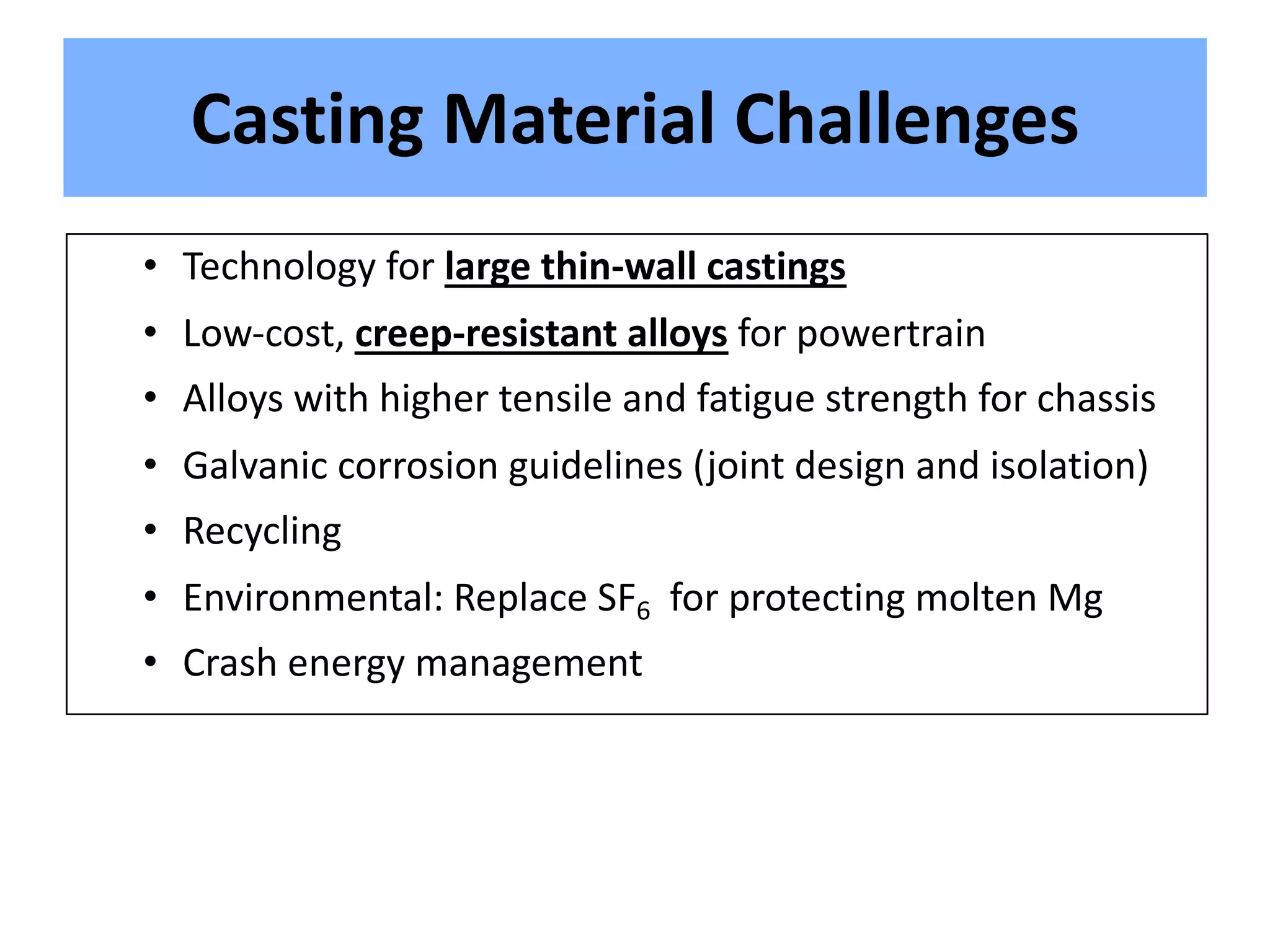 Casting Material Challenges
• Technology for large thin-wall castings
• Low-cost, creep-resistant alloys for powertrain
• Alloys with higher tensile and fatigue strength for chassis
• Galvanic corrosion guidelines (joint design and isolation)
• Recycling
• Environmental: Replace SF6 for protecting molten Mg
• Crash energy management
 