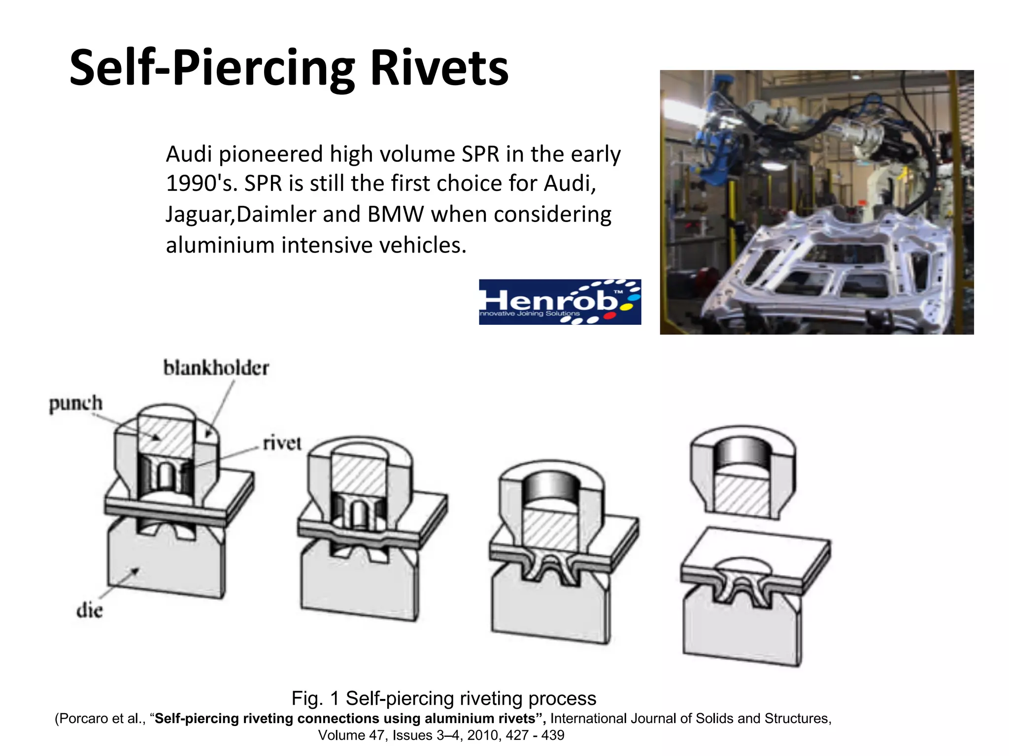 Fig. 1 Self-piercing riveting process
(Porcaro et al., “Self-piercing riveting connections using aluminium rivets”, International Journal of Solids and Structures,
Volume 47, Issues 3–4, 2010, 427 - 439
Audi pioneered high volume SPR in the early
1990's. SPR is still the first choice for Audi,
Jaguar,Daimler and BMW when considering
aluminium intensive vehicles.
Self-Piercing Rivets
 
