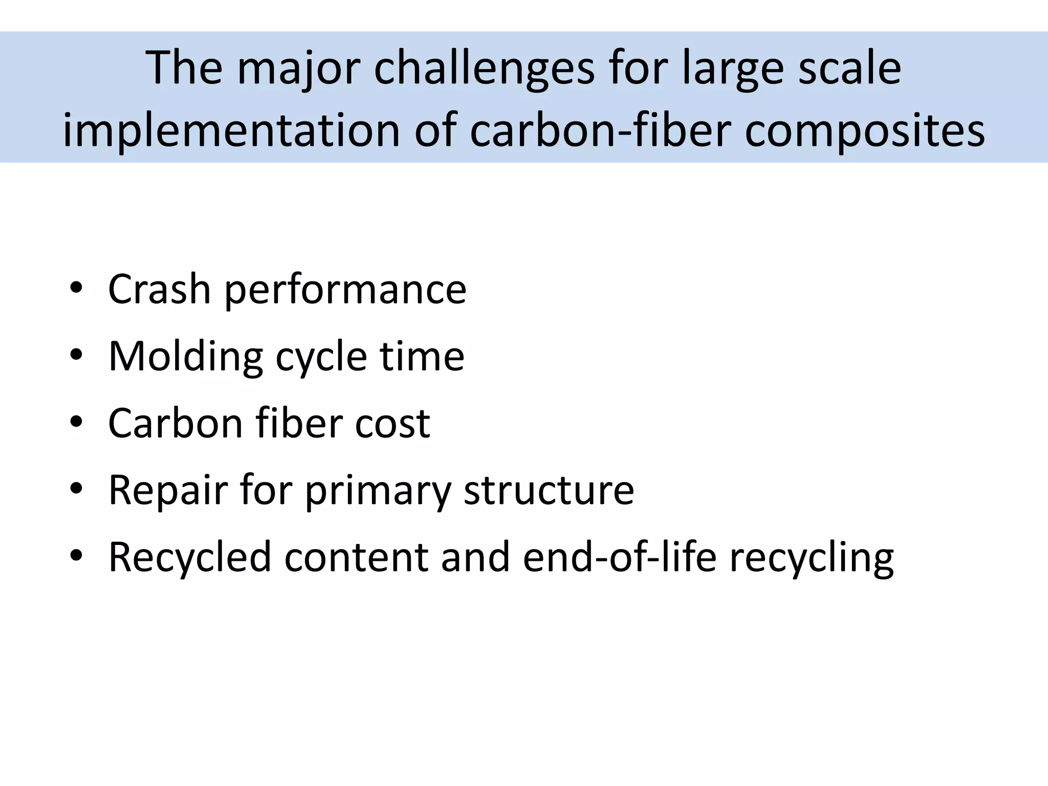 The major challenges for large scale
implementation of carbon-fiber composites
• Crash performance
• Molding cycle time
• Carbon fiber cost
• Repair for primary structure
• Recycled content and end-of-life recycling
 