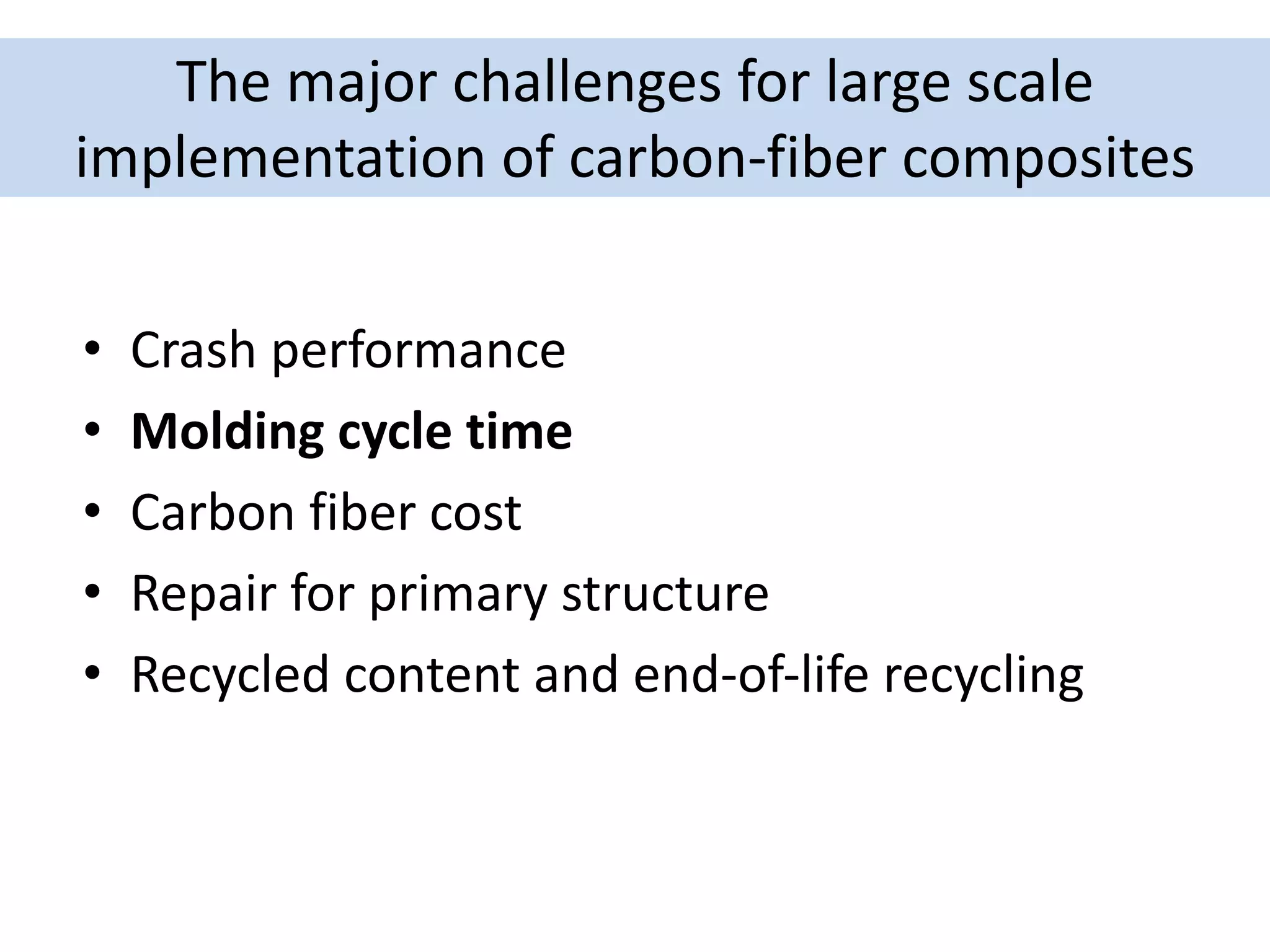 The major challenges for large scale
implementation of carbon-fiber composites
• Crash performance
• Molding cycle time
• Carbon fiber cost
• Repair for primary structure
• Recycled content and end-of-life recycling
 