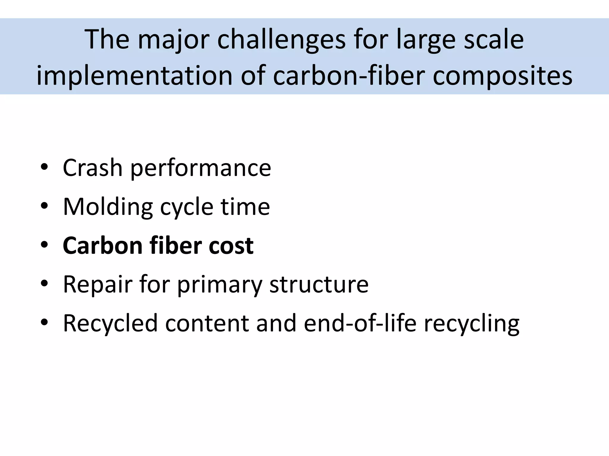 The major challenges for large scale
implementation of carbon-fiber composites
• Crash performance
• Molding cycle time
• Carbon fiber cost
• Repair for primary structure
• Recycled content and end-of-life recycling
 