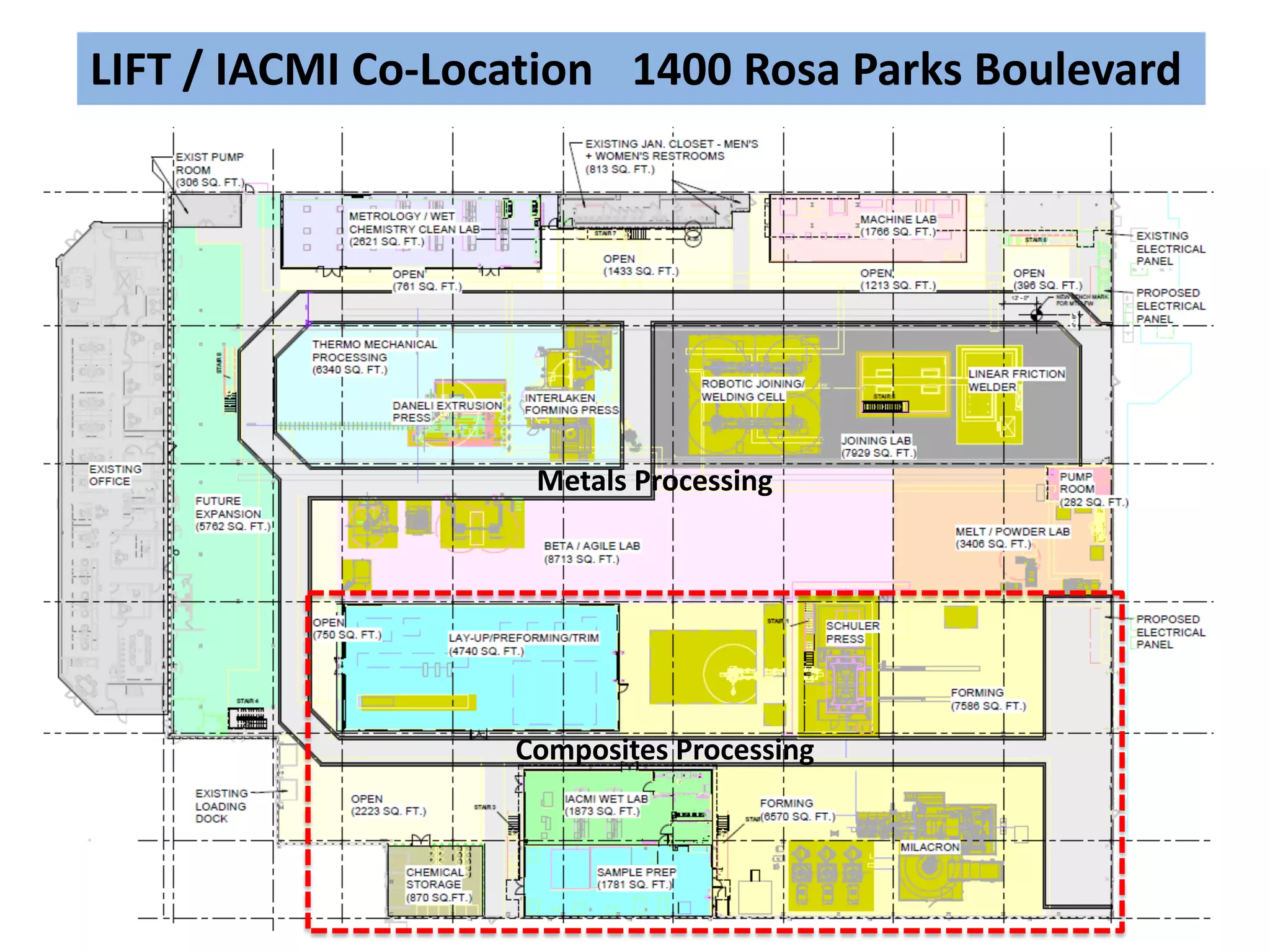 LIFT / IACMI Co-Location 1400 Rosa Parks Boulevard
Composites Processing
Metals Processing
 