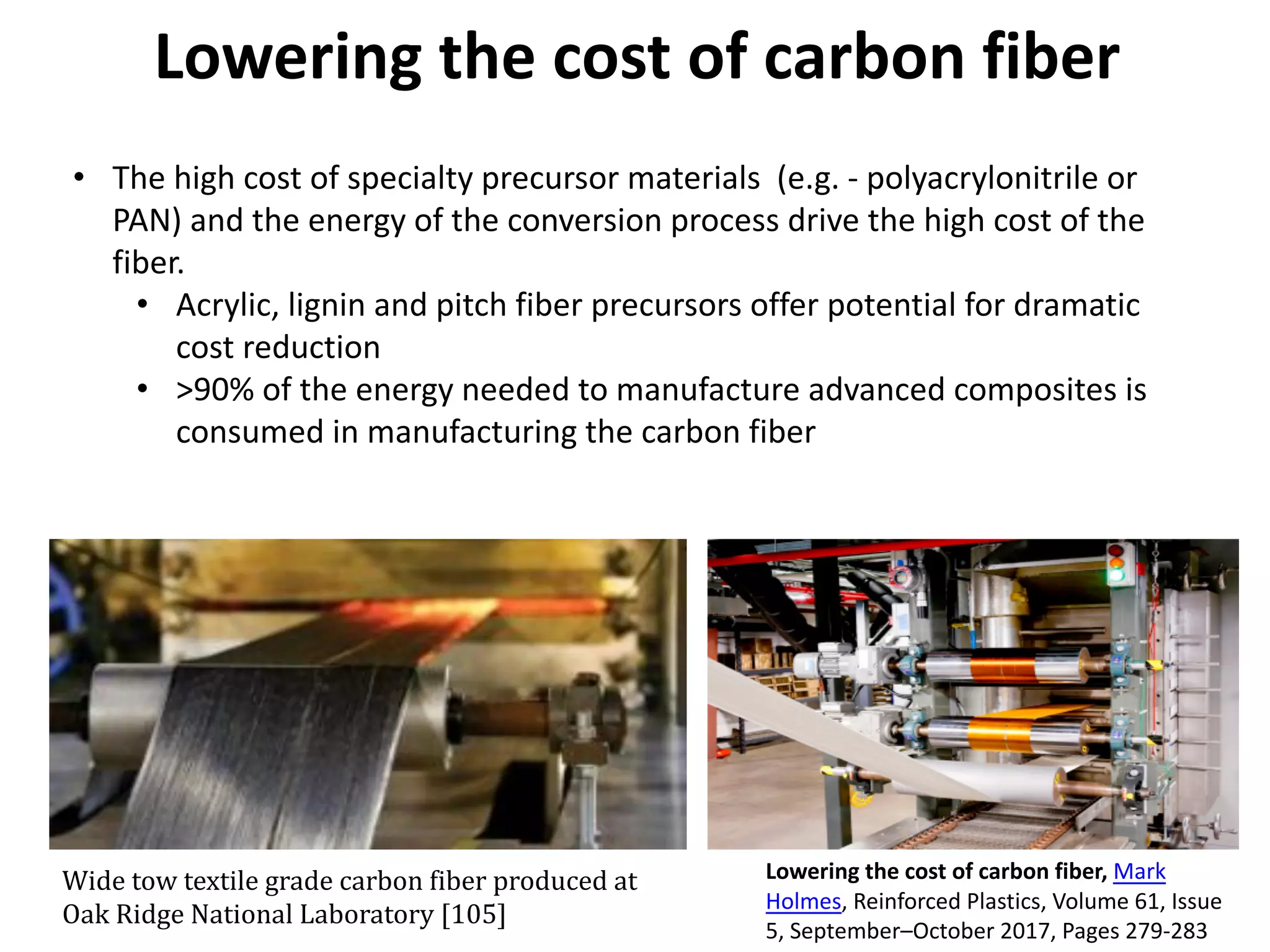 Lowering the cost of carbon fiber
Lowering the cost of carbon fiber, Mark
Holmes, Reinforced Plastics, Volume 61, Issue
5, September–October 2017, Pages 279-283
• The high cost of specialty precursor materials (e.g. - polyacrylonitrile or
PAN) and the energy of the conversion process drive the high cost of the
fiber.
• Acrylic, lignin and pitch fiber precursors offer potential for dramatic
cost reduction
• >90% of the energy needed to manufacture advanced composites is
consumed in manufacturing the carbon fiber
Wide	tow	textile	grade	carbon	fiber	produced	at	
Oak	Ridge	National	Laboratory	[105]
 