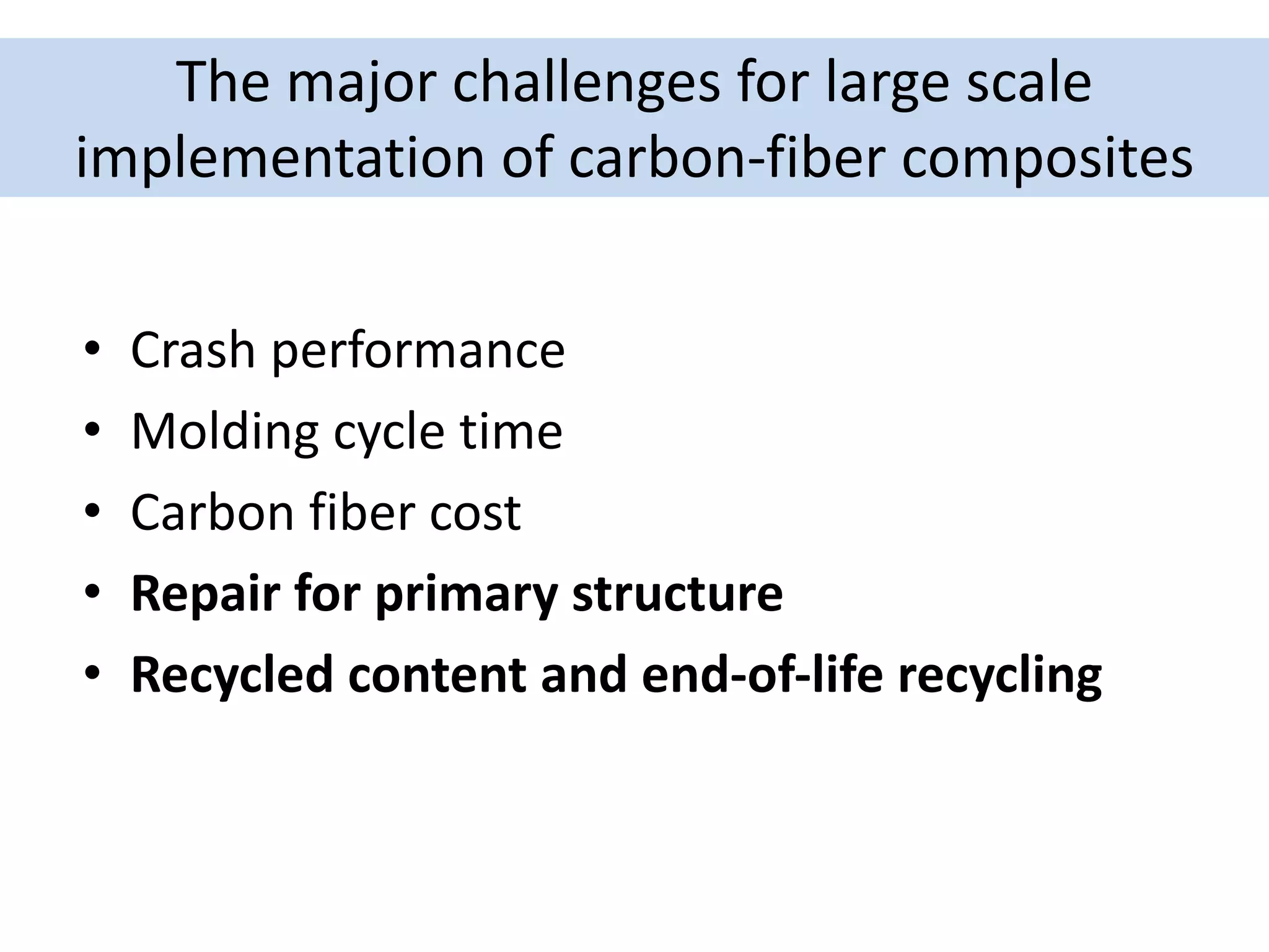 The major challenges for large scale
implementation of carbon-fiber composites
• Crash performance
• Molding cycle time
• Carbon fiber cost
• Repair for primary structure
• Recycled content and end-of-life recycling
 