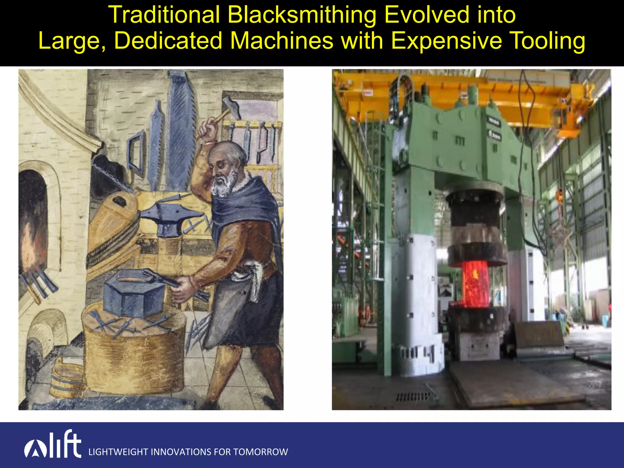 LIGHTWEIGHT INNOVATIONS FOR TOMORROW
Traditional Blacksmithing Evolved into
Large, Dedicated Machines with Expensive Tooling
 