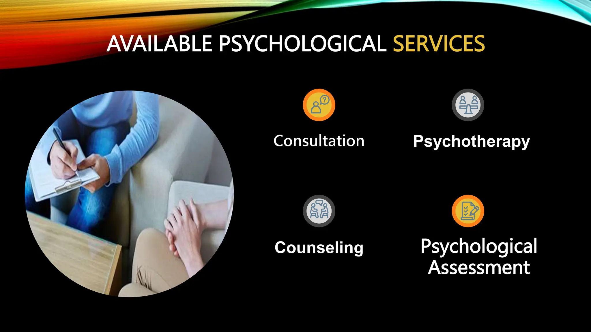 AVAILABLE PSYCHOLOGICAL SERVICES
Counseling
Consultation Psychotherapy
Psychological
Assessment
 