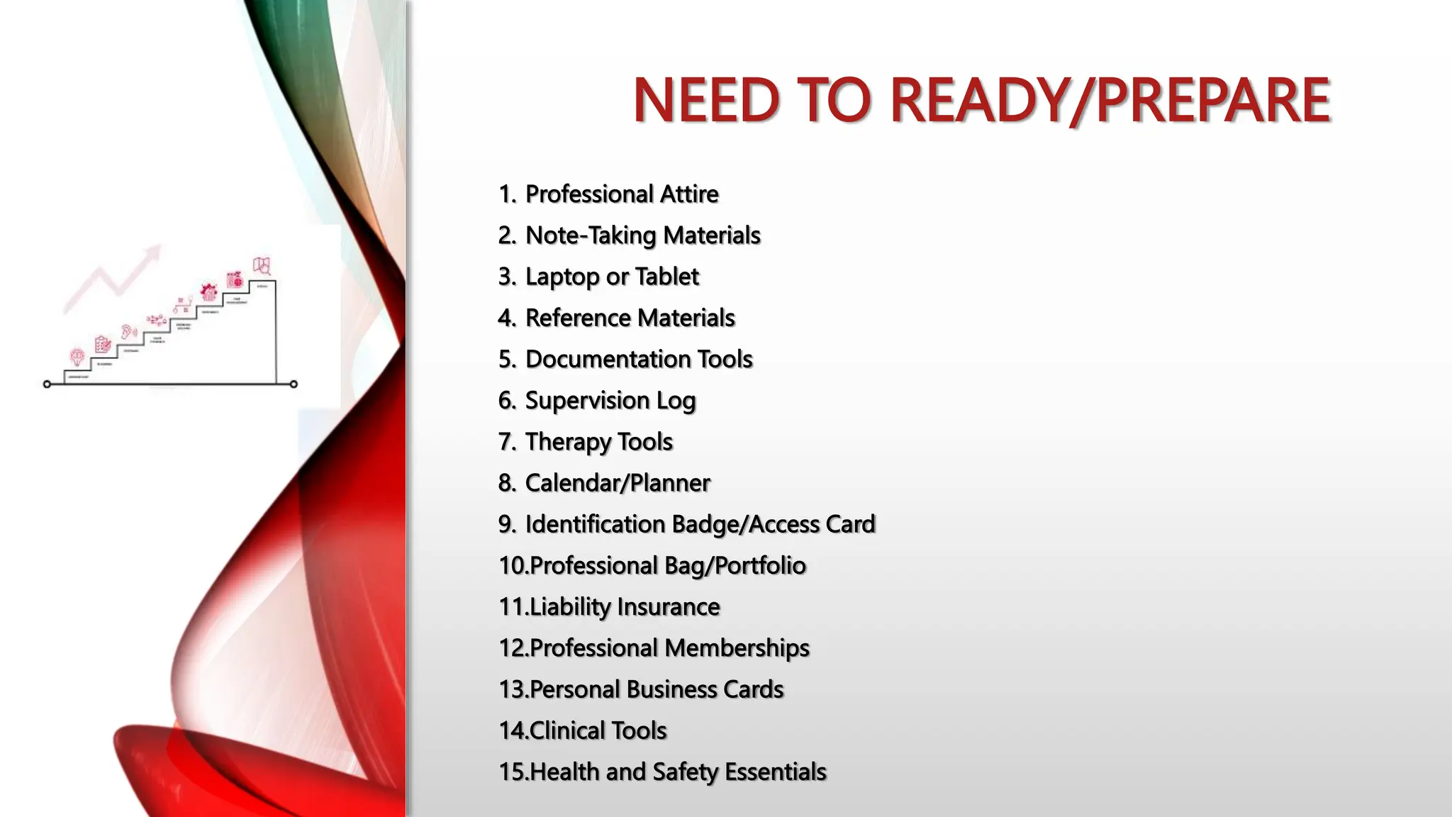 NEED TO READY/PREPARE
1. Professional Attire
2. Note-Taking Materials
3. Laptop or Tablet
4. Reference Materials
5. Documentation Tools
6. Supervision Log
7. Therapy Tools
8. Calendar/Planner
9. Identification Badge/Access Card
10.Professional Bag/Portfolio
11.Liability Insurance
12.Professional Memberships
13.Personal Business Cards
14.Clinical Tools
15.Health and Safety Essentials
 
