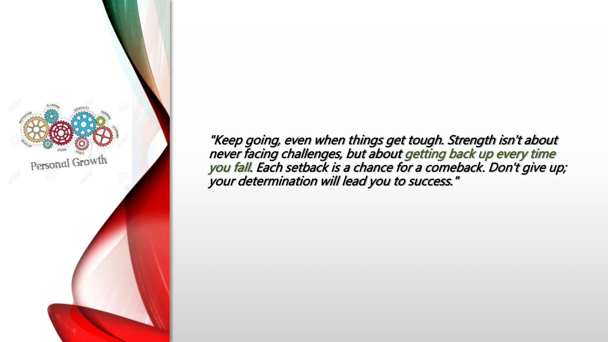 "Keep going, even when things get tough. Strength isn't about
never facing challenges, but about getting back up every time
you fall. Each setback is a chance for a comeback. Don't give up;
your determination will lead you to success."
 
