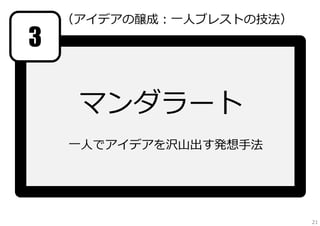 3

（アイデアの醸成：⼀⼈ブレストの技法）

マンダラート
⼀⼈でアイデアを沢⼭出す発想⼿法

21

 