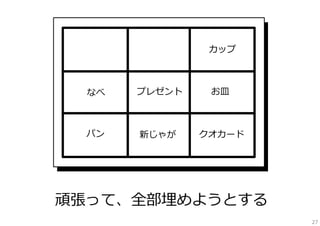 カップ

なべ

プレゼント

お⽫

パン

新じゃが

クオカード

頑張って、全部埋めようとする
27

 
