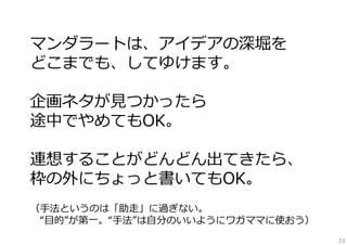 マンダラートは、アイデアの深堀を
どこまでも、してゆけます。
企画ネタが⾒つかったら
途中でやめてもOK。
連想することがどんどん出てきたら、
枠の外にちょっと書いてもOK。
（⼿法というのは「助⾛」に過ぎない。
“⽬的”が第⼀。“⼿法”は⾃分のいいようにワガママに使おう）
33

 