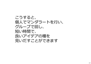 こうすると、
個⼈でマンダラートを⾏い、
グループで回し、
短い時間で、
良いアイデアの種を
⾒いだすことができます

38

 
