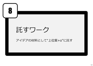 情熱枠、あります。
“☆は多くなかった“

⾃分のじゃなくても
これはが推したい！
というものは、ぜひ！

けれども、

”これはぜひチーム形成の核となるアイデアとして
ノミネートしたい！”
というものがあれば、出してください。
（2〜3つ位、OKです。）
※それが意外と、いいアイデアに発展することも、あるんです。
※でも、その後のチーム形成ワークで、そこにつく⼈数次第では
取り下げさせていただくことはあります。（その時はごめんなさい。）

58

 