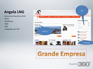 Angola LNG                                                                                         GED


Intranet em SharePoint 2010
-Áreas
-WorkFlows
-ECM
-GED
-Integração com SAP
                                                     Notícias




                                                                                                         Conteúdo




 20/03/13                 Av. Unisinos , 550 - Tecnosinos – Sala 201 | São Leopoldo / RS   71   + 55 51 3091 2271
 