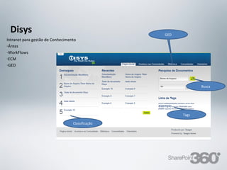 Disys                                                                                       GED
Intranet para gestão de Conhecimento
-Áreas
-WorkFlows
-ECM
-GED



                                                                                                                Busca




                                                                                                   Tags

                                   Classificação




   20/03/13                 Av. Unisinos , 550 - Tecnosinos – Sala 201 | São Leopoldo / RS   72           + 55 51 3091 2271
 