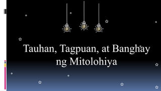 Tauhan, Tagpuan, at Banghay
ng Mitolohiya
 