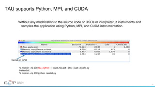 14
TAU supports Python, MPI, and CUDA
Without any modification to the source code or DSOs or interpreter, it instruments and
samples the application using Python, MPI, and CUDA instrumentation.
% mpirun –np 230 tau_python –T cupti,mpi,pdt –ebs –cupti ./exafel.py
Instead of:
% mpirun –np 230 python ./exafel.py
Kernel on GPU
 