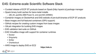 45
E4S: Extreme-scale Scientific Software Stack
•  Curated release of ECP ST products based on Spack [http://spack.io] package manager
•  Spack binary build caches for bare-metal installs
–  x86_64, ppc64le (IBM Power 9), and aarch64 (ARM64)
•  Container images on DockerHub and E4S website of pre-built binaries of ECP ST products
•  Base images and full featured containers (GPU support)
•  GitHub recipes for creating custom images from base images
•  GitLab integration for building E4S images
•  E4S validation test suite on GitHub
•  E4S VirtualBox image with support for container runtimes
•  Docker
•  Singularity
•  Shifter
•  Charliecloud
•  AWS image to deploy E4S on EC2
https://e4s.io
 