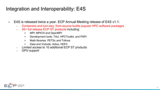46
Integration and Interoperability: E4S
•  E4S is released twice a year. ECP Annual Meeting release of E4S v1.1:
–  Containers and turn-key, from-source builds popular HPC software packages
–  45+ full release ECP ST products including:
•  MPI: MPICH and OpenMPI
•  Development tools: TAU, HPCToolkit, and PAPI
•  Math libraries: PETSc and Trilinos
•  Data and Viztools: Adios, HDF5
–  Limited access to 10 additional ECP ST products
–  GPU support
 