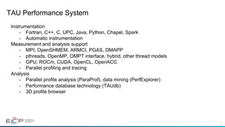 5
TAU Performance System
Instrumentation
•  Fortran, C++, C, UPC, Java, Python, Chapel, Spark
•  Automatic instrumentation
Measurement and analysis support
•  MPI, OpenSHMEM, ARMCI, PGAS, DMAPP
•  pthreads, OpenMP, OMPT interface, hybrid, other thread models
•  GPU, ROCm, CUDA, OpenCL, OpenACC
•  Parallel profiling and tracing
Analysis
•  Parallel profile analysis (ParaProf), data mining (PerfExplorer)
•  Performance database technology (TAUdb)
•  3D profile browser
 