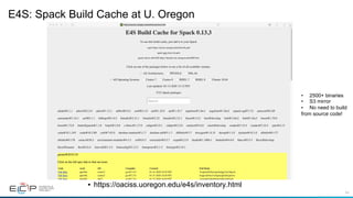 64
E4S: Spack Build Cache at U. Oregon
•  https://oaciss.uoregon.edu/e4s/inventory.html
•  2500+ binaries
•  S3 mirror
•  No need to build
from source code!
 