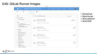 65
E4S: GitLab Runner Images
•  Dockerhub
•  Bare-bones
•  Multi-platfrom
•  Build E4S
 