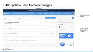 66
E4S: ppc64le Base Container Images
•  Ubuntu 18.04
•  RHEL/UBI 7.6
•  Centos 7.6
•  Hub.docker.com
•  ecpe4s
 