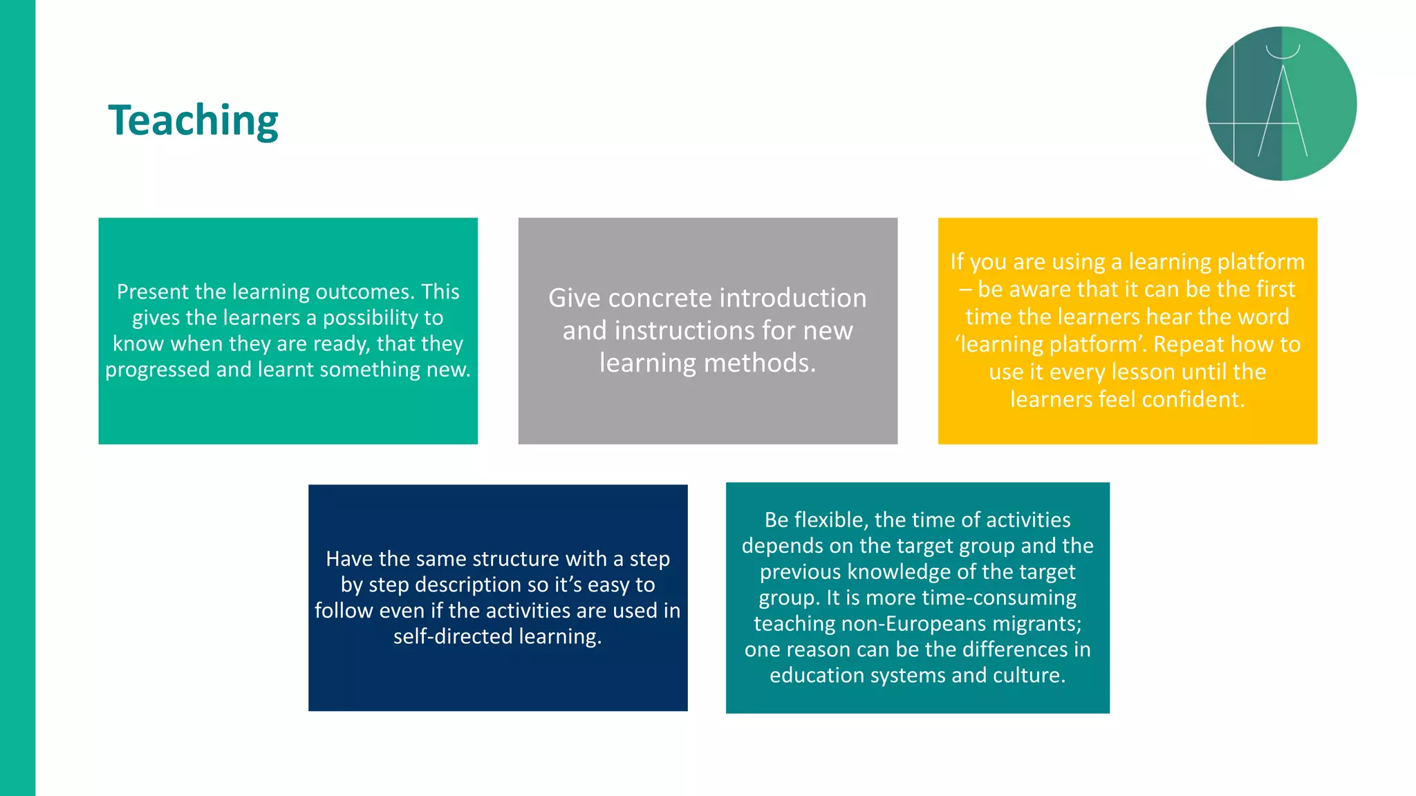Present the learning outcomes. This
gives the learners a possibility to
know when they are ready, that they
progressed and learnt something new.
Give concrete introduction
and instructions for new
learning methods.
If you are using a learning platform
– be aware that it can be the first
time the learners hear the word
‘learning platform’. Repeat how to
use it every lesson until the
learners feel confident.
Have the same structure with a step
by step description so it’s easy to
follow even if the activities are used in
self-directed learning.
Be flexible, the time of activities
depends on the target group and the
previous knowledge of the target
group. It is more time-consuming
teaching non-Europeans migrants;
one reason can be the differences in
education systems and culture.
Teaching
 