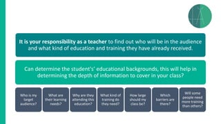 It is your responsibility as a teacher to find out who will be in the audience
and what kind of education and training they have already received.
Can determine the student's’ educational backgrounds, this will help in
determining the depth of information to cover in your class?
Who is my
target
audience?
What are
their learning
needs?
Why are they
attending this
education?
What kind of
training do
they need?
How large
should my
class be?
Which
barriers are
there?
Will some
people need
more training
than others?
 
