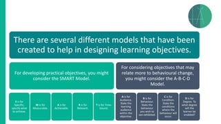 There are several different models that have been
created to help in designing learning objectives.
For developing practical objectives, you might
consider the SMART Model.
S is for
Specific;
specify what
to achieve.
M is for
Measurable.
A is for
Achievable.
R is for
Relevant.
T is for Time-
bound.
For considering objectives that may
relate more to behavioural change,
you might consider the A-B-C-D
Model.
A is for
Audience.
State the
learning
audience
within the
objective.
B is for
Behaviour.
State the
behaviour
you wish to
see exhibited.
C is for
Condition.
State the
conditions
where the
behaviour will
occur.
D is for
Degree. To
what degree
will the
learner be
enabled?
 