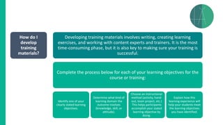 How do I
develop
training
materials?
Developing training materials involves writing, creating learning
exercises, and working with content experts and trainers. It is the most
time-consuming phase, but it is also key to making sure your training is
successful.
Complete the process below for each of your learning objectives for the
course or training:
Identify one of your
clearly stated learning
objectives.
Determine what kind of
learning domain the
outcome involves
(knowledge, skill, or
attitude).
Choose an instructional
method (activity, hand-
out, team project, etc.)
This helps participants
accomplish your stated
learning objective by
doing.
Explain how this
learning experience will
help your students meet
the learning objectives
you have identified.
 