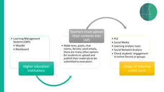 • Learning Management
Systems (LMS)
• Moodle
• Blackboard
Higher education
institutions
• Make tests, pools, chat
rooms, forums, send emails,
there are many other options
for students to upload and
publish their materials to be
submitted to evaluation.
Teachers must upload
their contents into
LMS • PLE
• Social Media
• Learning analytic tools
• Social Network Analysis
• Check students’ engagement
in online forums or groups
Usage of informal
online tools
 