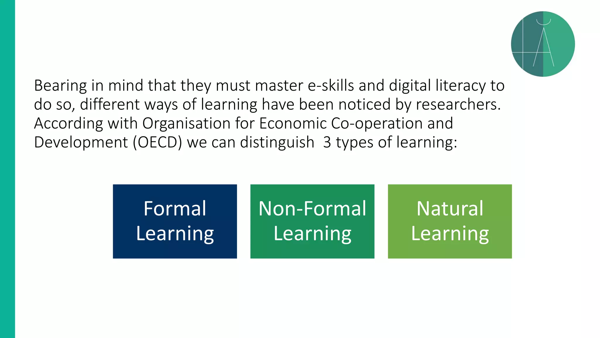 Bearing in mind that they must master e-skills and digital literacy to
do so, different ways of learning have been noticed by researchers.
According with Organisation for Economic Co-operation and
Development (OECD) we can distinguish 3 types of learning:
Formal
Learning
Non-Formal
Learning
Natural
Learning
 