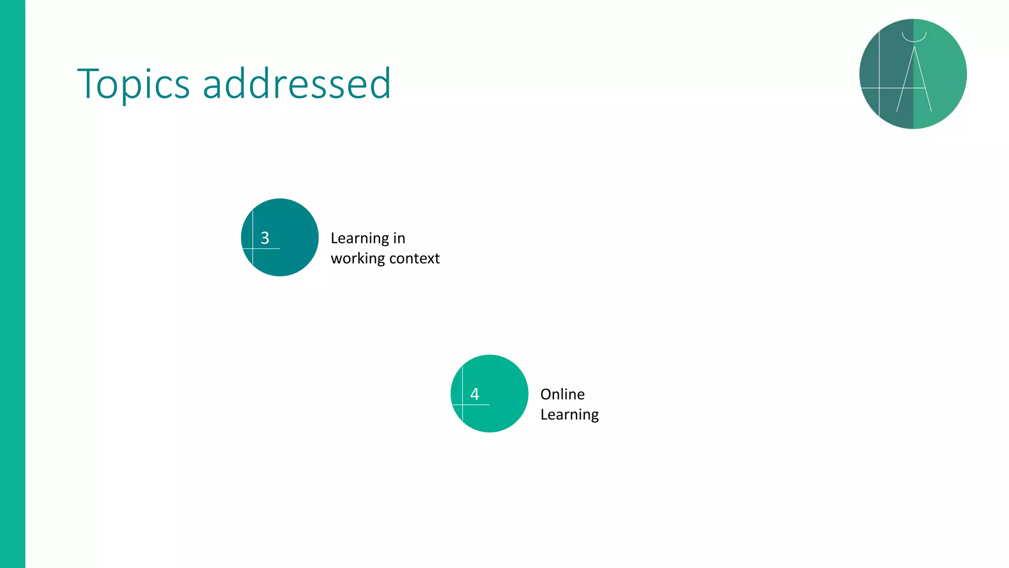 Topics addressed
3 Learning in
working context
4 Online
Learning
 