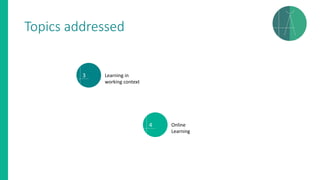 Topics addressed
3 Learning in
working context
4 Online
Learning
 