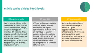 e-Skills can be divided into 3 levels:
ICT practioner skills
Were the practitioner skills
are defined as those that will
allow us to research, design,
develop, manage and
maintain ICT systems. These
require some level of formal
training, for most times they
will require a deep
knowledge of ICT and of how
to specifically use them to
improve our work.
ICT user skills
ICT user skills are considering
the basic e-skills, as they
encompass the digital
competencies that will allow
an individual to use ICT
systems and devices, digital
literacy, critical use of ICT for
work, leisure, learning and
distance communication,
covering the use of common
software tools.
ICT business skills
As for e-Business skills this
include the knowledge to
exploit ICT given
opportunities to enhance
efficiency and effectiveness
at organizational level,
improving key business areas
and creating new ways to
establish new businesses.
 