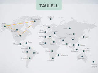 Alaska
Mexico
Groenlandia
Cuba
EEUU
Canada
Perú
Venezuela
Congo
Africa
Norte Egipto
Madagascar
Mongolia
Sudáfrica
Brasil
Argentina
China Japón
India
Noruega
Afganistan
Gran
Bretaña
Filipinas
Rusia
Australia
Indonesia
Nueva
Zelanda
Svalbard
Ucrania
Italia
España
Tailandia
Nueva
Guinea
TAULELL
 
