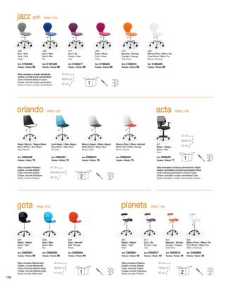 jazz soft
U03
Gris / Gris
Grey / Gris
Grigio
U26
Azul / Blau
Blue / Bleu
Blu
U17
Lila / Lila
Purple / Lilas
Lilla
U23
Rosa / Rosa
Pink / Rose
Rosa
U13
Naranja / Taronja
Orange / Orange
Arancione
U05
Blanco Puro / Blanc Pur
Pure White / Blanc Pur
Bianco Assoluto
Silla cromado-Lacado semibrillo
Cadira cromat-Lacat semibrillant
Chair chromed-Medium gloss
Chaise chromé-Laqué semibrillant
Sedia cromato-Laccato semibrillante
Ref: C164U03
Puntos / Points: 86
Ref: C161U26
Puntos / Points: 86
Ref: C163U17
Puntos / Points: 86
Ref: C165U23
Puntos / Points: 86
Ref: C162U13
Puntos / Points: 86
Ref: C160U05
Puntos / Points: 86
55 cm
55 cm
84/94 cm
1
PÁG. 170
orlando
Negro-Blanco / Negre-Blanc
Black-White / Noir-Blanc
Nero-Bianco
Azul-Negro / Blau-Negre
Blue-Black / Bleu-Noir
Blu-Nero
Blanco-Negro / Blanc-Negre
White-Black / Blanc-Noir
Bianco-Nero
Blanco-Rojo / Blanc-Vermell
White-Red / Blanc-Rouge
Bianco-Rosso
Silla cromado-Plástico
Cadira cromat-Plàstic
Chair chromed-Plastic
Chaise chromé-Plastique
Sedia cromato-Plastica
Ref: C063U05
Puntos / Points: 79
Ref: C064U01
Puntos / Points: 79
Ref: C062U01
Puntos / Points: 79
Ref: C062U04
Puntos / Points: 79
47 cm
56 cm
80,5/89,5 cm
acta
J01
Negro / Negre
Black / Noir
Nero
Silla reclinable contacto permanente-Tejido
Cadira reclinable contacte permanent-Teixit
Chair reclining permanent contact-Fabric
Chaise inclinable contact permanent-Tissu
Sedia reclinabile contatto permanente-Tessuto
Ref: C056J01
Puntos / Points: 77
57 cm
55 cm
86/98 cm
1
2
PÁG. 172 PÁG. 178
gota planeta
G01
Negro / Negre
Black / Noir
Nero
S01
Negro / Negre
Black / Noir
Nero
G26
Azul / Blau
Blue / Bleu
Blu
S17
Lila / Lila
Purple / Lilas
Lilla
G04
Rojo / Vermell
Red / Rouge
Rosso
S13
Naranja / Taronja
Orange / Orange
Arancione
S05
Blanco Puro / Blanc Pur
Pure White / Blanc Pur
Bianco Assoluto
Silla cromado-Metacrilato
Cadira cromat-Metacrilat
Chair chromed-Methacrylate
Chaise chromé-Méthacrylate
Sedia cromato-Metacrilato
Silla cromado-Plástico
Cadira cromat-Plàstic
Chair chromed-Plastic
Chaise chromé-Plastique
Sedia cromato-Plastica
Ref: C055G01
Puntos / Points: 99
Ref: C053S01
Puntos / Points: 43
Ref: C055G26
Puntos / Points: 99
Ref: C053S17
Puntos / Points: 43
Ref: C055G04
Puntos / Points: 99
Ref: C053S13
Puntos / Points: 43
Ref: C053S05
Puntos / Points: 43
53 cm
51 cm
80/94 cm
46 cm
52 cm
73/88 cm
1 2
PÁG. 174 PÁG. 176
198
 