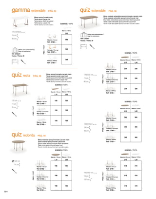 quiz recta
Mesa epoxy/cromada-Lacado mate
Taula epoxy/cromat-Lacat mat
Table epoxy/chromed-Matt lacquered
Table epoxy/chomé-Laqué mat
Tavolo epoxy/cromato-Laccato opaco
120 cm
76 cm
74 cm
159 159
Ref: C149---
Ref: C150---
Ref: C148---
159 159
159 159
L10 L33
SOBRES / TOPS
PIES/FEET
Marrón / Brown
Marrón / Brown
Cromo / Chromed
Blanco / White
Blanco / White
quiz redonda
Mesa redonda epoxy/cromada-Lacado mate
Taula rodona epoxy/cromat-Lacat mat
Round table epoxy/chromed-Matt lacquered
Table rond epoxy/chomé-Laqué mat
Tavolo rotondo epoxy/cromato-Laccato opaco
120 cm
74 cm
196 196
Ref: C152---
Ref: C153---
Ref: C151---
196 196
196 196
L10 L33
SOBRES / TOPS
PIES/FEET
Marrón / Brown
Marrón / Brown
Cromo / Chromed
Blanco / White
Blanco / White
120/200 cm
90 cm
74 cm
339 339
Ref: C146---
Ref: C147---
Ref: C145---
339 339
339 339
L10 L33
SOBRES / TOPS
PIES/FEET
Marrón / Brown
Marrón / Brown
Cromo / Chromed
Blanco / White
Blanco / White
140/220cm
90 cm
74 cm
365 365
Ref: C143---
Ref: C144---
Ref: C142---
365 365
365 365
L10 L33
SOBRES / TOPS
PIES/FEET
Marrón / Brown
Marrón / Brown
Cromo / Chromed
Blanco / White
Blanco / White
160/260 cm
100 cm
74 cm
419 419
Ref: C140---
Ref: C141---
Ref: C139---
419 419
419 419
L10 L33
SOBRES / TOPS
PIES/FEET
Marrón / Brown
Marrón / Brown
Cromo / Chromed
Blanco / White
Blanco / White
gamma extensible
Mesa epoxy-Lacado mate
Taula epoxy-Lacat mat
Table epoxy-Matt lacquered
Table epoxy-Laqué mat
Tavolo epoxy-Laccato opaco
170 /270cm
90 cm
76 cm
589
Ref: C138---
Ref: C137---
Ref: C136---
589
589
L33
SOBRES / TOPS
PIES/FEET
Marrón / Brown
Naranja / Orange
Blanco / White
Blanco / White
Ref: C183J01
Puntos / Points: 29
Bolsa para extensiones /
Bag for extensions
quiz extensible
Mesa ovalada extensible epoxy/cromada-Lacado mate
Taula ovalada extensible epoxy/cromat-Lacat mat
Oval table extensibile epoxy/chromed-Matt lacquered
Table ovale extensible epoxy/chomé-Laqué mat
Tavolo ovale allungabile epoxy/cromato-Laccato opaco
Ref: C183J01
Puntos / Points: 29
Bolsa para extensiones /
Bag for extensions
PÁG. 32 PÁG. 36
PÁG. 38
PÁG. 40
184
 