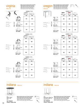 virginia
150 cm
90 cm
76 cm
180 cm
90 cm
76 cm
200 cm
100 cm
76 cm
Mesa epoxy/cromada-Cristal templado
Taula epoxy/cromat-Vidre temperat
Table epoxy/chromed-Tempered glass
Table epoxy/chomé-Verre tempéré
Tavolo epoxy/cromato-Vetro temperaro
oregon
Mesa extensible epoxy-Cristal templado
Taula extensible epoxy-Vidre temperat
Extensible table epoxy-Tempered glass
Table extensible epoxy-Verre tempéré
Tavolo allungabile epoxy-Vetro temperato
120/240 cm
90 cm
74 cm
90/180 cm
65 cm
74 cm
indiana
C05
Blanco Puro / Blanc Pur
Pure White / Blanc Pur
Bianco Assoluto
Mesa redonda epoxy gris-Cristal templado
Taula rodona epoxy gris-Vidre temperat
Round table epoxy grey-Tempered glass
Table rond epoxy gris-Verre tempéré
Tavolo rotondo epoxy grigio-Vetro temperato
Ref: C084C05
Puntos / Points: 235
indiana
C01
Negro / Negre
Black / Noir
Nero
Mesa redonda epoxy gris-Cristal templado
Taula rodona epoxy gris-Vidre temperat
Round table epoxy grey-Tempered glass
Table rond epoxy gris-Verre tempéré
Tavolo rotondo epoxy grigio-Vetro temperato
Ref: C084C01
Puntos / Points: 198
100 cm
75 cm
100 cm
75 cm
470 448
Ref: C098---
Ref: C100---
Ref: C099---
470 448
500 478
C01 C07
SOBRES / TOPS
PIES/FEET Negro / Black
Negro / Black
Cromo / Chromed
Blanco / White
Transp / Clear
500 469
Ref: C101---
Ref: C103---
Ref: C102---
500 469
530 499
C01 C07
SOBRES / TOPS
PIES/FEET
Negro / Black
Negro / Black
Cromo / Chromed
Blanco / White
Transp / Clear
538 500
Ref: C104---
Ref: C106---
Ref: C105---
538 500
568 530
C01 C07
SOBRES / TOPS
PIES/FEET
Negro / Black
Negro / Black
Cromo / Chromed
Blanco / White
Transp / Clear
PIES/FEETPIES/FEETPIES/FEET
295 295 295
Ref: C172---
Ref: C171---
Ref: C170---
295 295 295
295 295 295
C01 C04 C33
SOBRES / TOPS
Negro / Black
Negro / Black
Gris / Grey
Blanco / White
Rojo / Red Blanco / White
90/180 cm
90 cm
74 cm
332 332 332
Ref: C175---
Ref: C174---
Ref: C173---
332 332 332
332 332 332
C01 C04 C33
SOBRES / TOPS
Negro / Black
Negro / Black
Gris / Grey
Blanco / White
Rojo / Red Blanco / White
367 367 367
Ref: C178---
Ref: C177---
Ref: C176---
367 367 367
367 367 367
C01 C04 C33
SOBRES / TOPS
Negro / Black
Negro / Black
Gris / Grey
Blanco / White
Rojo / Red Blanco / White
PÁG. 48
PÁG. 64 PÁG. 64
PÁG. 60
186
 