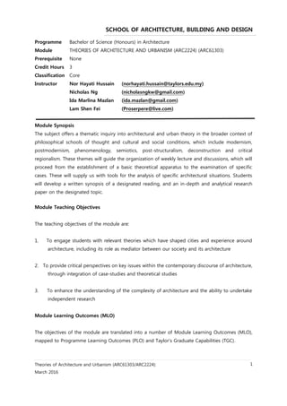 Theories of Architecture and Urbanism (ARC61303/ARC2224):
March 2016
1
Programme Bachelor of Science (Honours) in Architecture
Module THEORIES OF ARCHITECTURE AND URBANISM (ARC2224) (ARC61303)
Prerequisite None
Credit Hours 3
Classification Core
Instructor Nor Hayati Hussain (norhayati.hussain@taylors.edu.my)
Nicholas Ng (nicholasngkw@gmail.com)
Ida Marlina Mazlan (ida.mazlan@gmail.com)
Lam Shen Fei (Proserpere@live.com)
Module Synopsis
The subject offers a thematic inquiry into architectural and urban theory in the broader context of
philosophical schools of thought and cultural and social conditions, which include modernism,
postmodernism, phenomenology, semiotics, post-structuralism, deconstruction and critical
regionalism. These themes will guide the organization of weekly lecture and discussions, which will
proceed from the establishment of a basic theoretical apparatus to the examination of specific
cases. These will supply us with tools for the analysis of specific architectural situations. Students
will develop a written synopsis of a designated reading, and an in-depth and analytical research
paper on the designated topic.
Module Teaching Objectives
The teaching objectives of the module are:
1. To engage students with relevant theories which have shaped cities and experience around
architecture, including its role as mediator between our society and its architecture
2. To provide critical perspectives on key issues within the contemporary discourse of architecture,
through integration of case-studies and theoretical studies
3. To enhance the understanding of the complexity of architecture and the ability to undertake
independent research
Module Learning Outcomes (MLO)
The objectives of the module are translated into a number of Module Learning Outcomes (MLO),
mapped to Programme Learning Outcomes (PLO) and Taylor’s Graduate Capabilities (TGC).
SCHOOL OF ARCHITECTURE, BUILDING AND DESIGN
Centre for Modern Architecture Studies in Southeast Asia
 