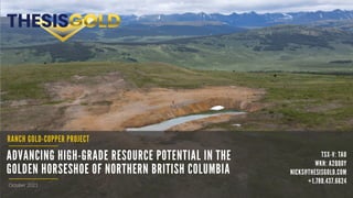 YOUR NAME COMPANY NAME DATE HERE
ADVANCING HIGH-GRADE RESOURCE POTENTIAL IN THE
GOLDEN HORSESHOE OF NORTHERN BRITISH COLUMBIA
RANCH GOLD-COPPER PROJECT
October 2021
TSX-V: TAU
WKN: A2QQ0Y
NICKS@THESISGOLD.COM
+1.780.437.6624
 