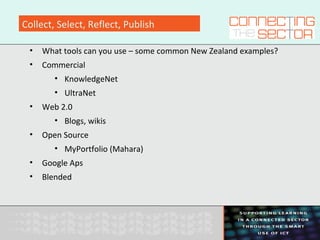 Collect, Select, Reflect, Publish
• What tools can you use – some common New Zealand examples?
• Commercial
• KnowledgeNet
• UltraNet
• Web 2.0
• Blogs, wikis
• Open Source
• MyPortfolio (Mahara)
• Google Aps
• Blended
 