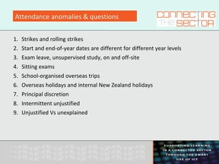 Attendance anomalies & questions
1. Strikes and rolling strikes
2. Start and end-of-year dates are different for different year levels
3. Exam leave, unsupervised study, on and off-site
4. Sitting exams
5. School-organised overseas trips
6. Overseas holidays and internal New Zealand holidays
7. Principal discretion
8. Intermittent unjustified
9. Unjustified Vs unexplained
 