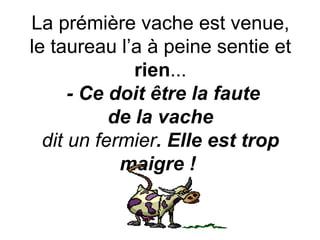 La prémière vache est venue, le taureau l’a à peine sentie et  rien ...   - Ce doit être la faute de la vache dit un fermier . Elle est trop maigre !   